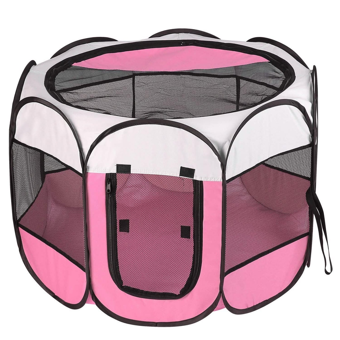Portable foldable pet playpen with pink panels, black trim, and mesh sides on Tampa Home & Garden Store