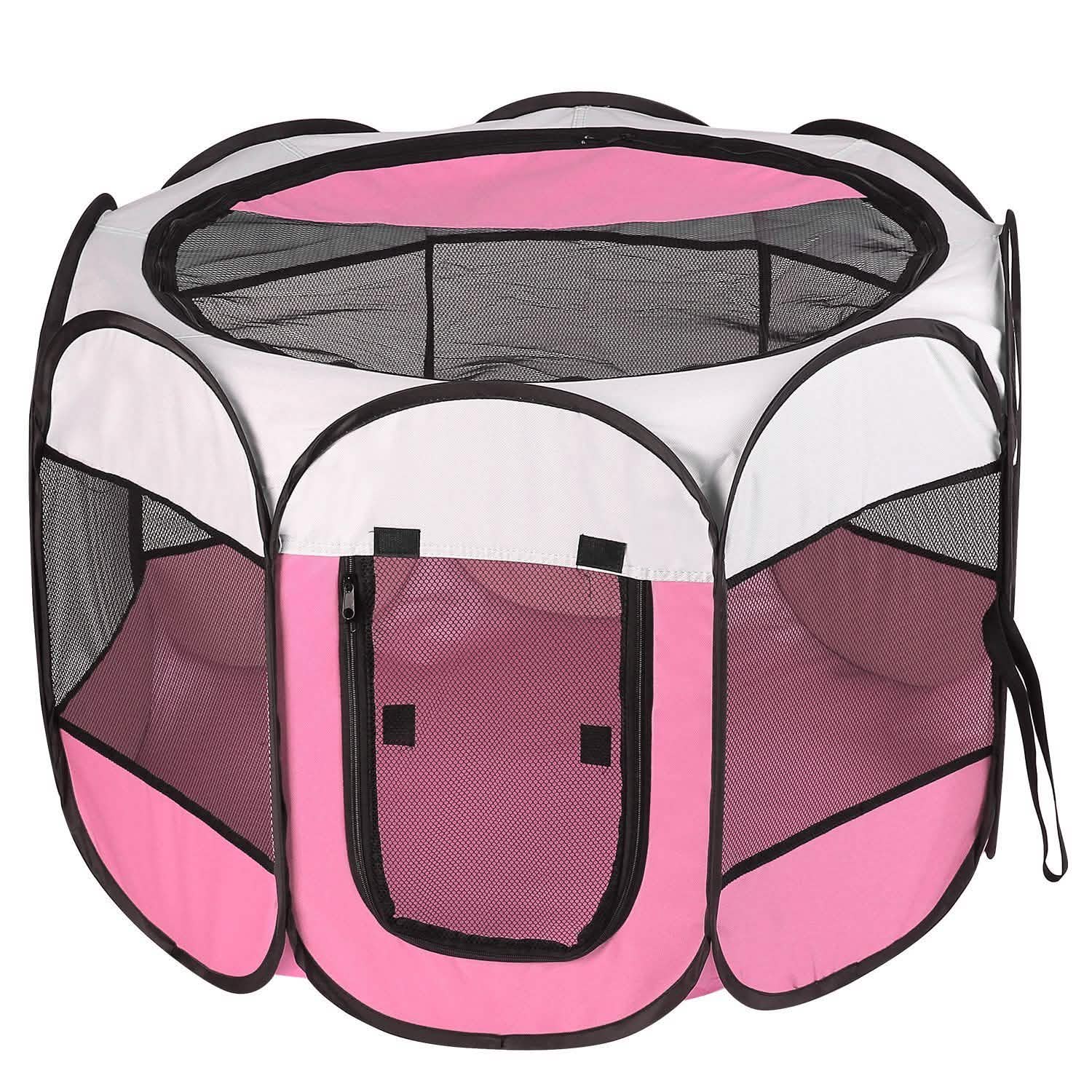 Portable foldable pet playpen with pink panels, black trim, and mesh sides on Tampa Home & Garden Store