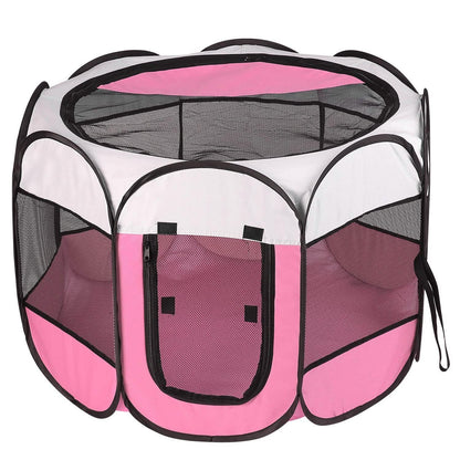 Portable foldable pet playpen with pink panels, black trim, and mesh sides on Tampa Home & Garden Store