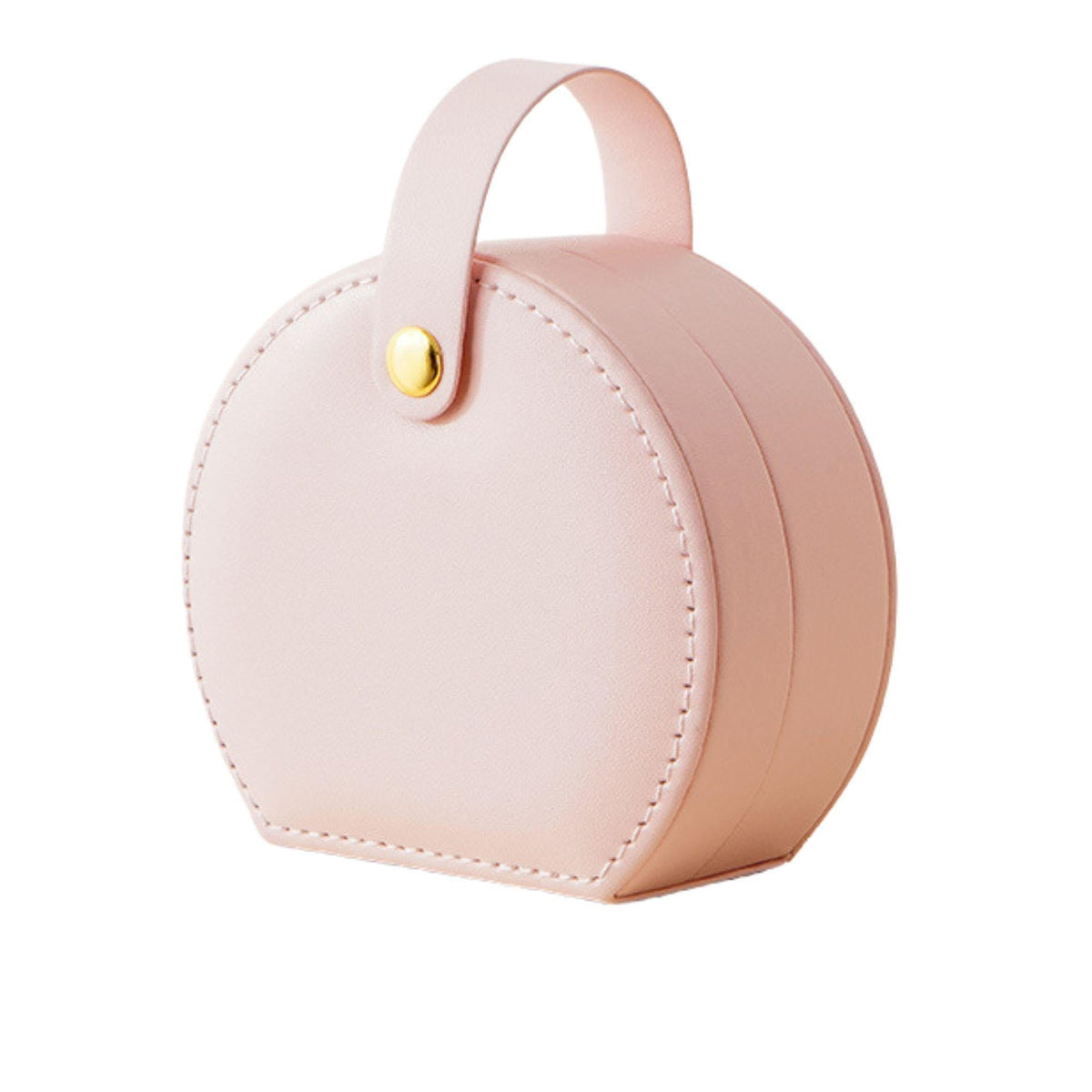 Portable pink round mini travel jewelry box with a top handle and gold button on Tampa Home & Garden Store