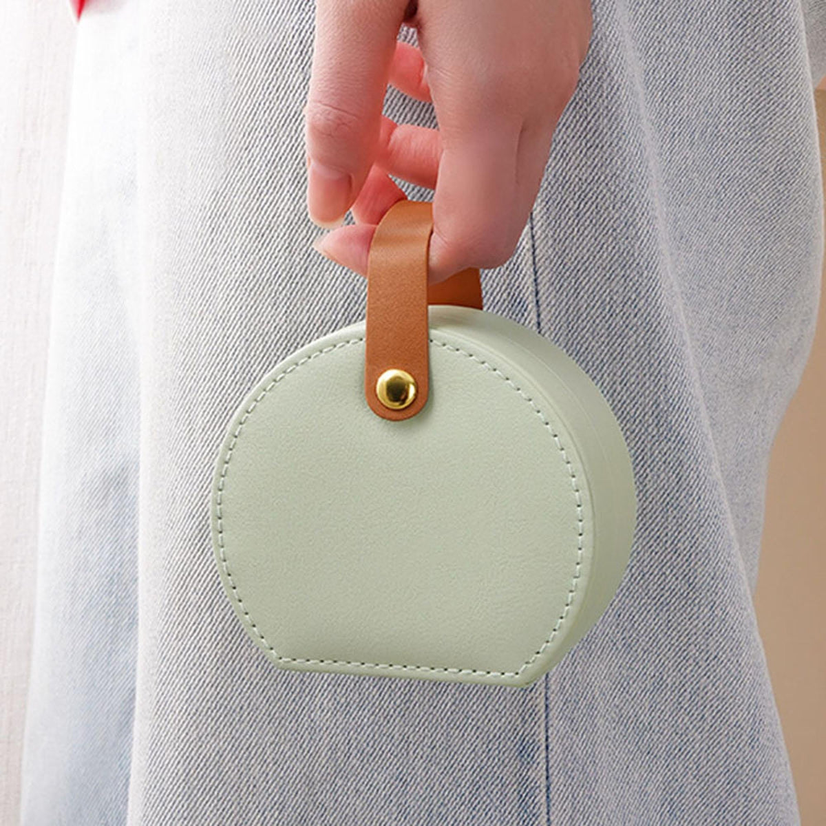 Portable jewelry storage box, round mint green case with tan leather strap by Shaketea on Tampa Home & Garden Store