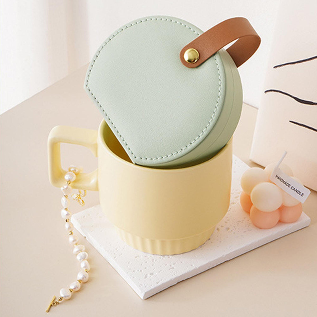 Portable Jewelry Storage Box mint round case with brown leather strap; pearl bracelet on Tampa Home & Garden Store
