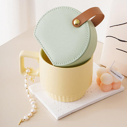 Portable Jewelry Storage Box mint round case with brown leather strap; pearl bracelet on Tampa Home & Garden Store