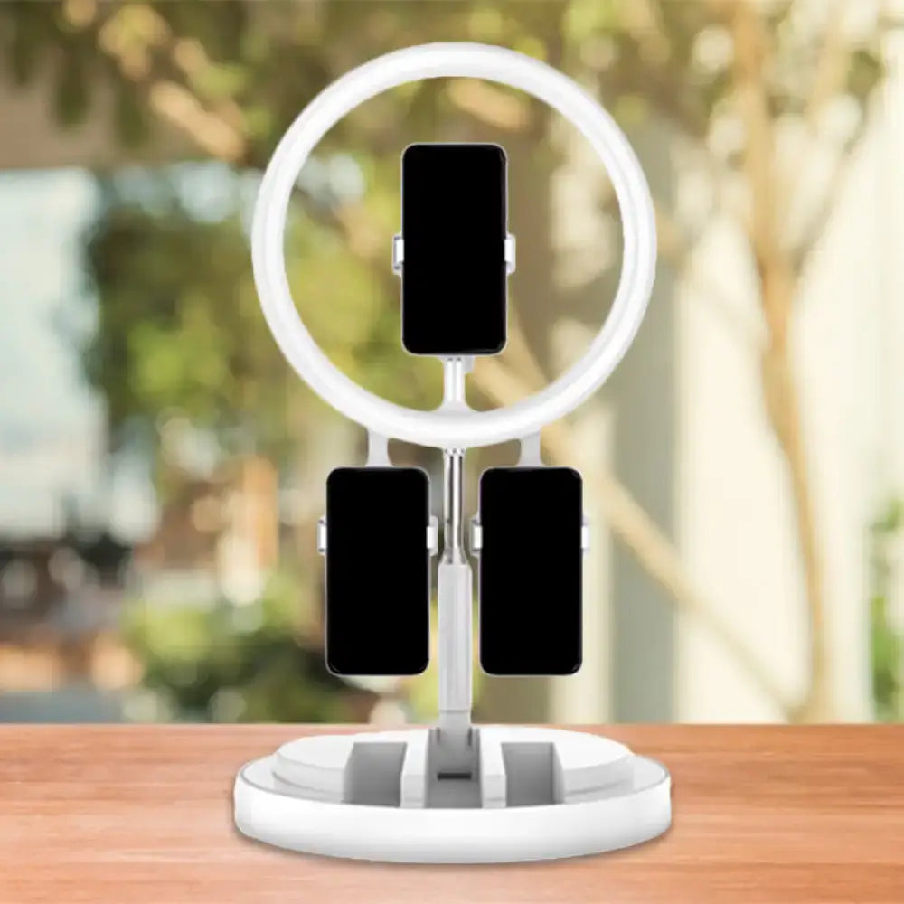 Pink metal ring light with 3 phone mounts on white stand Decorbites on Tampa Home & Garden Store