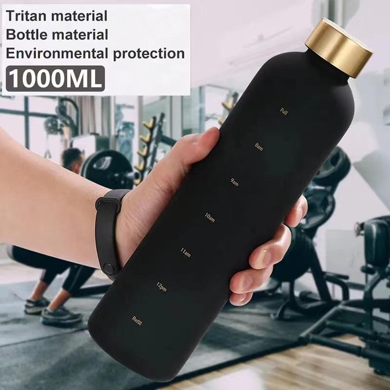 Stevvex 1000ml black matte water bottle with time marker, BPA-free plastic, gold cap for gym on Tampa Home & Garden Store