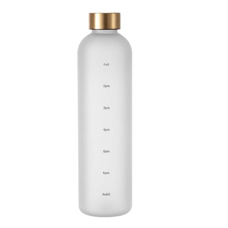 Portable Space Cup water bottle with time marker Stevvex white frosted plastic gold cap on Tampa Home & Garden Store