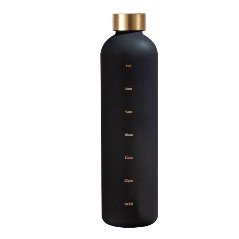 Stevvex water bottle, black matte finish with gold cap, BPA-free, time-marker hydration bottle on Tampa Home & Garden Store