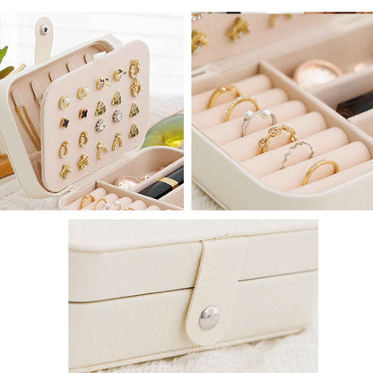 Portable travel jewelry box Shaketea in beige PU leather, open to show earrings and rings on Tampa Home & Garden Store