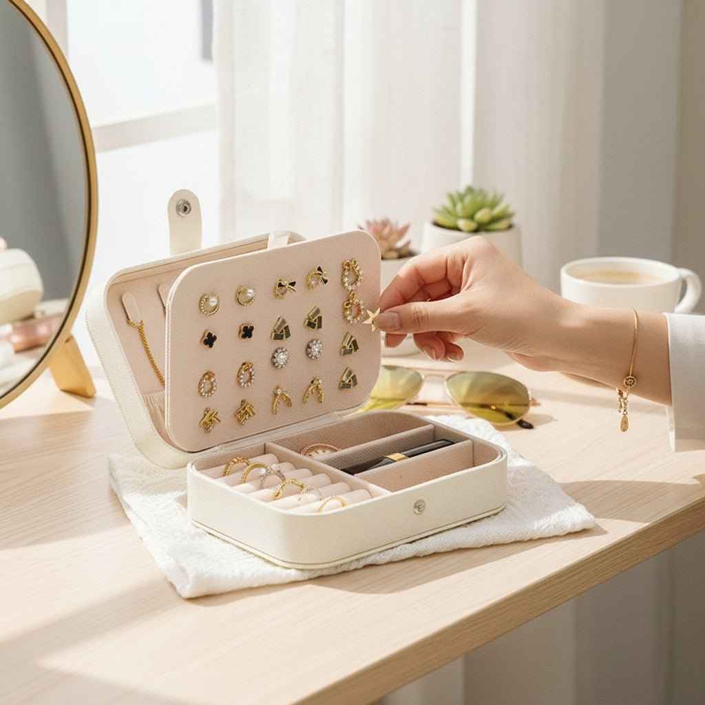 Shaketea portable travel jewelry box in cream PU leather with ring and earring compartments on Tampa Home & Garden Store