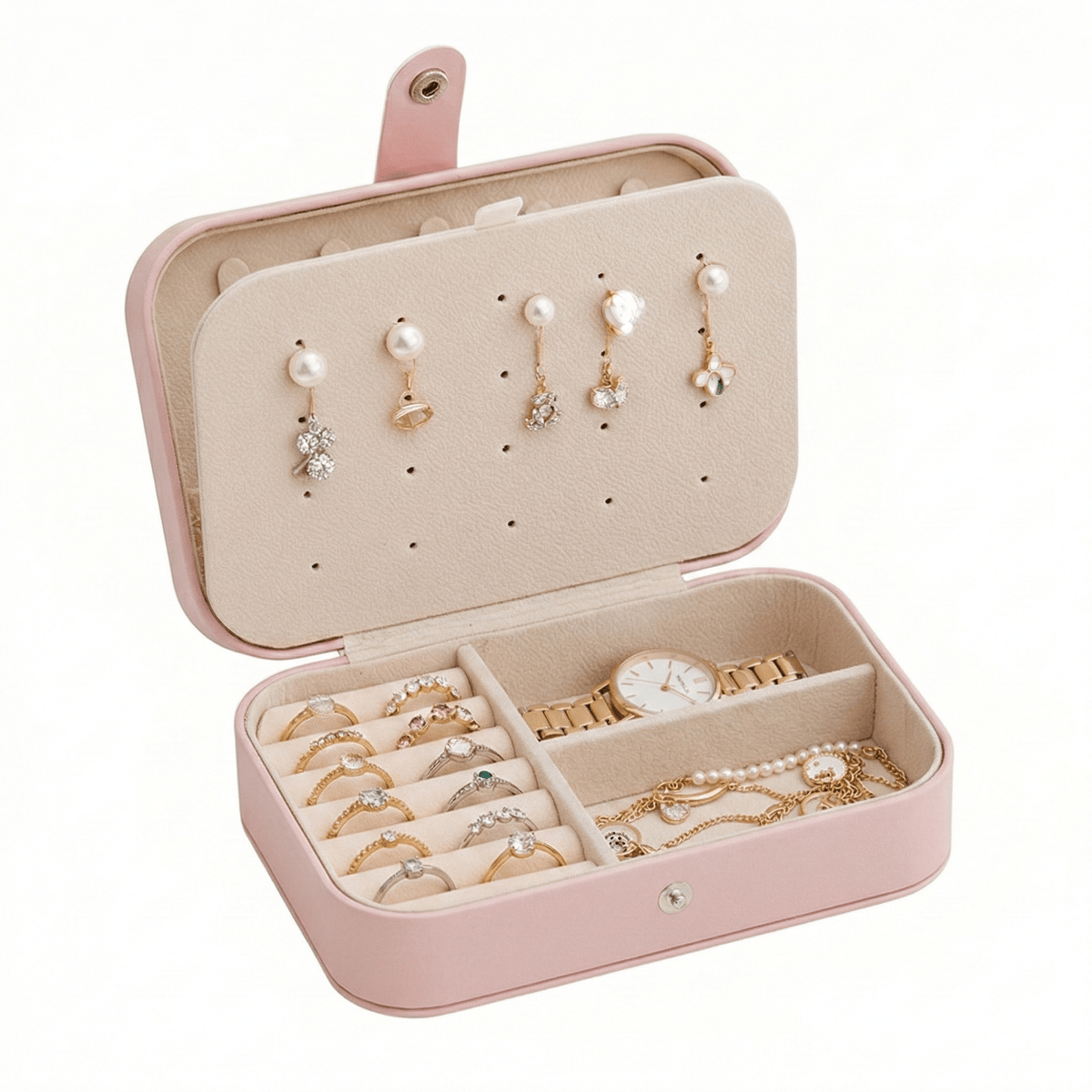 Portable travel jewelry box Shaketea blush pink PU leather with compartments, pearl earrings on Tampa Home & Garden Store