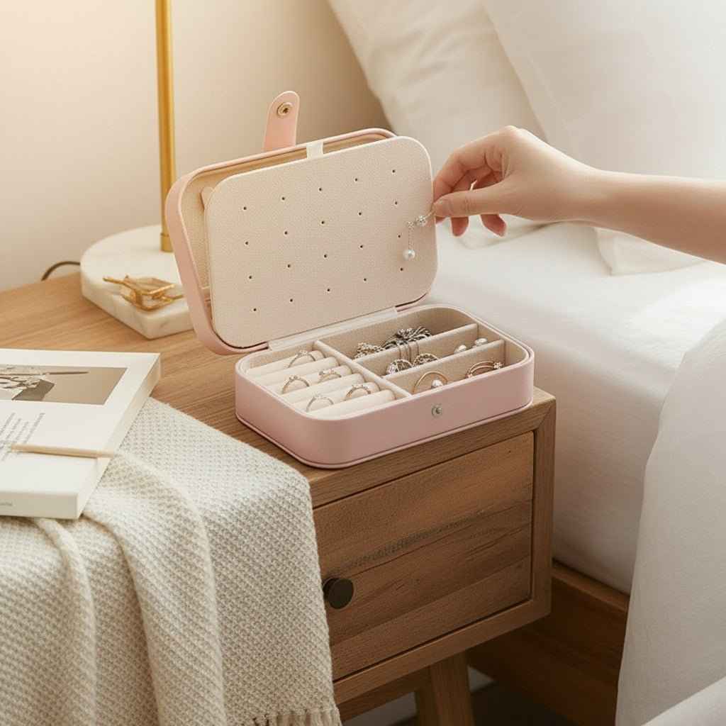 Portable pink PU leather jewelry box with compartments for rings and earrings by Shaketea on Tampa Home & Garden Store