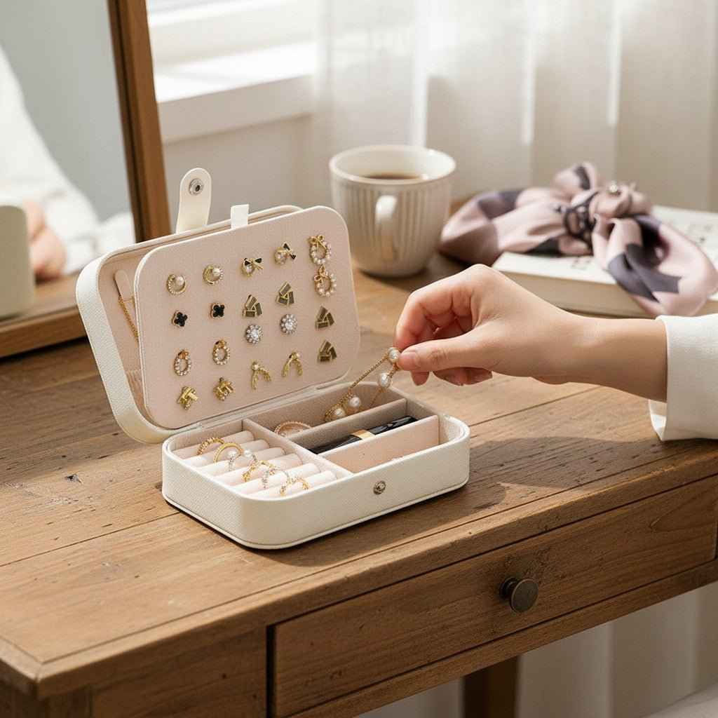 White PU leather portable travel jewelry box with top earring display and bottom sections on Tampa Home & Garden Store