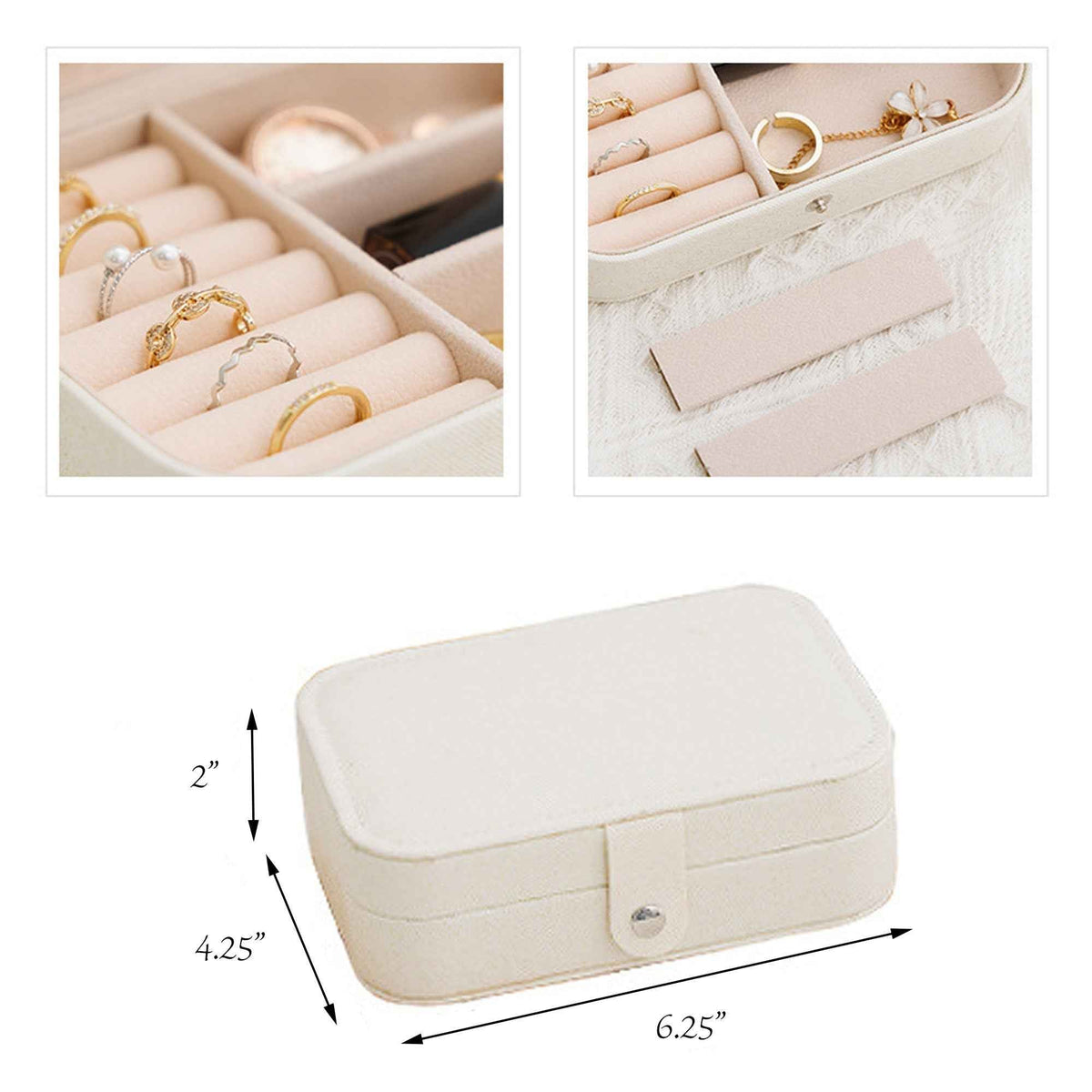Portable travel jewelry box Shaketea in cream PU leather with pink interior and ring slots two views on Tampa Home & Garden Store