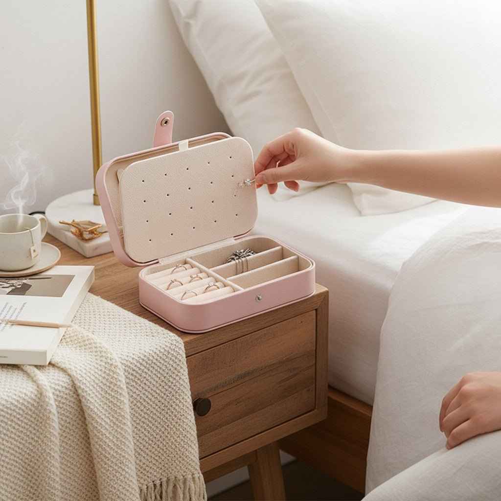 Portable travel jewelry box in pink PU leather, open with compartments on nightstand on Tampa Home & Garden Store