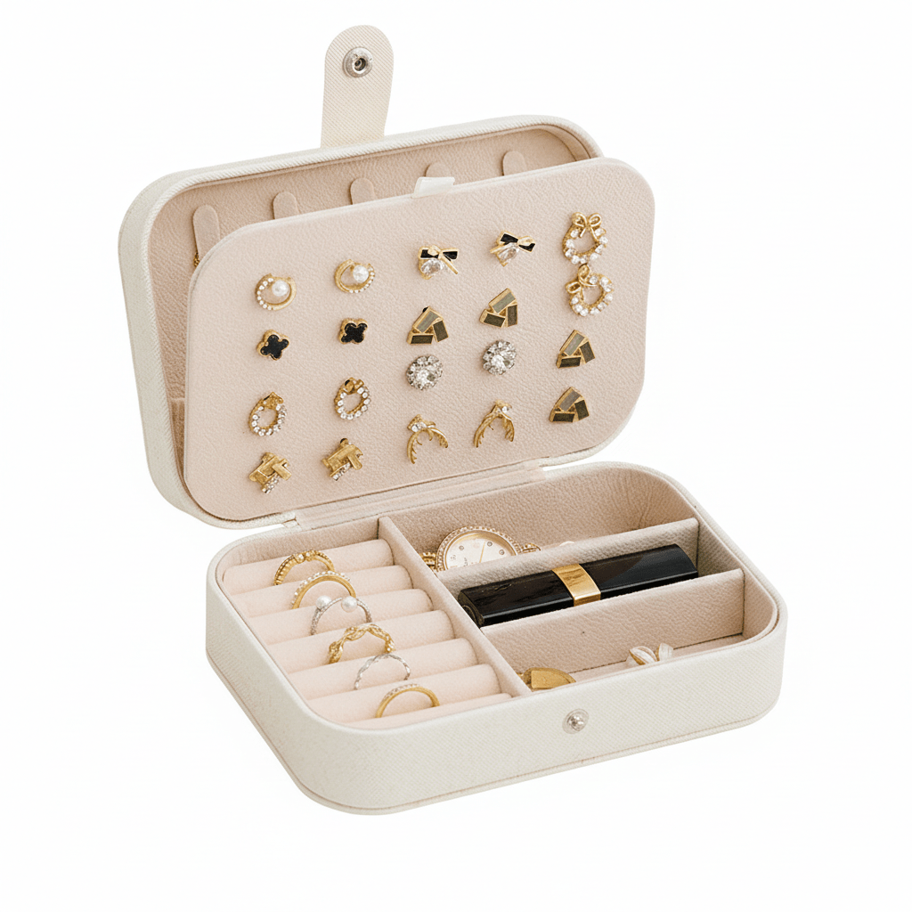 Portable travel jewelry box Shaketea PU leather with top earring display and ring compartments on Tampa Home & Garden Store