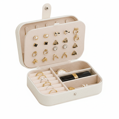 Portable travel jewelry box Shaketea PU leather with top earring display and ring compartments on Tampa Home & Garden Store