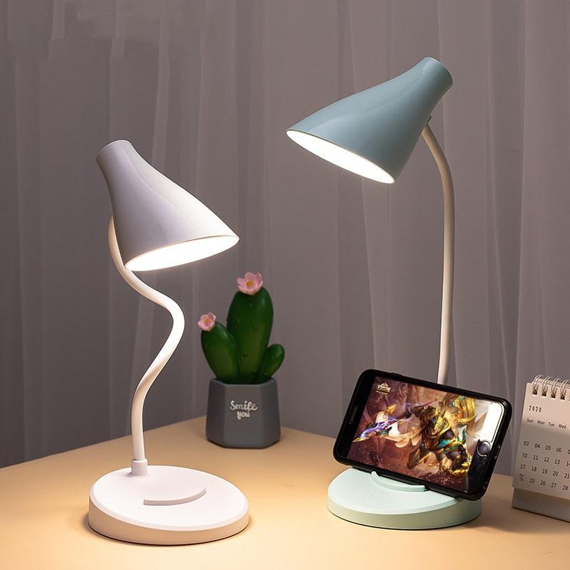 Two Stevvex USB rechargeable LED folding desk lamps, white and mint shades, touch dimming on Tampa Home & Garden Store