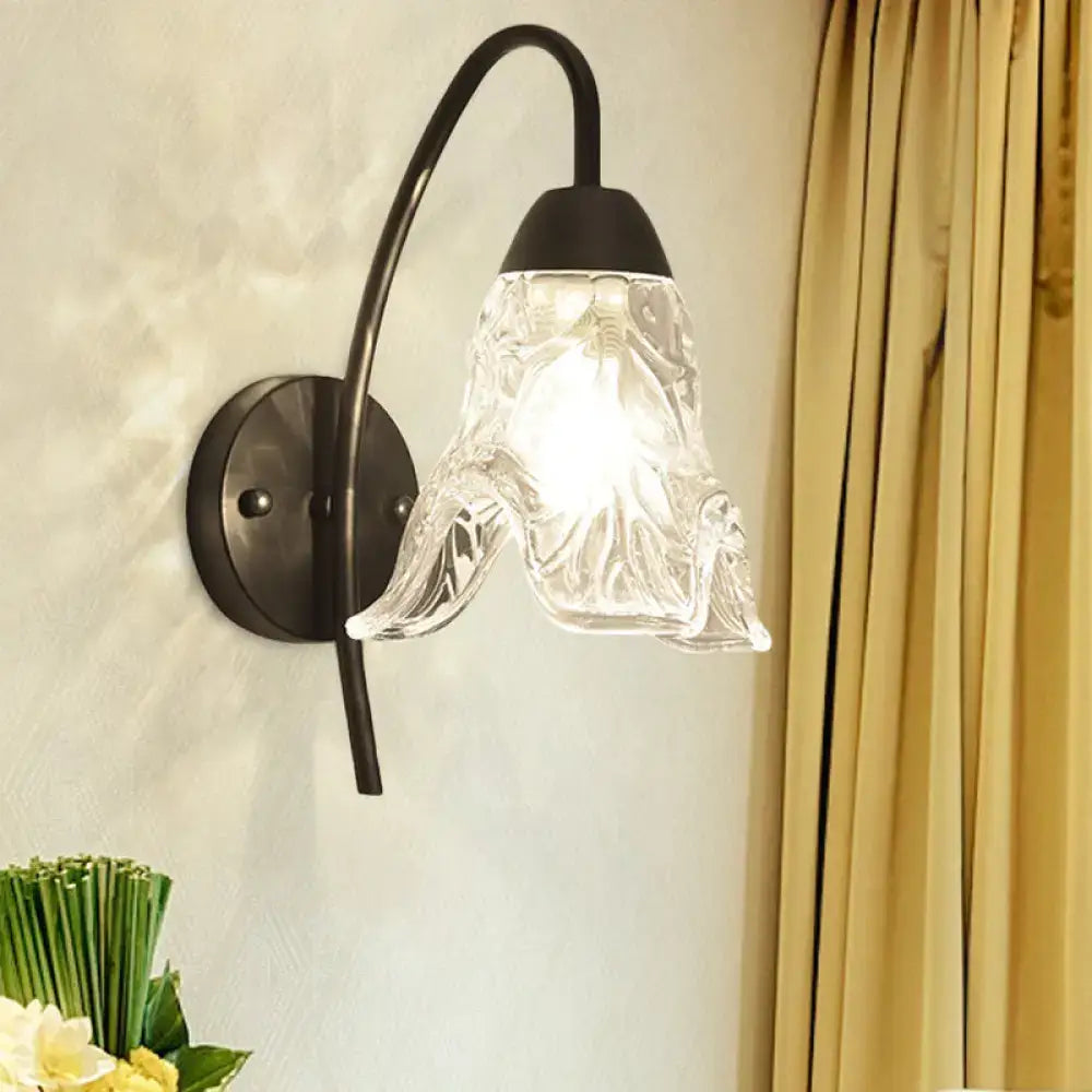 Black Crystal Drum Shape Wall Sconce with curved metal arm and clear glass shade Decorbites on Tampa Home & Garden Store