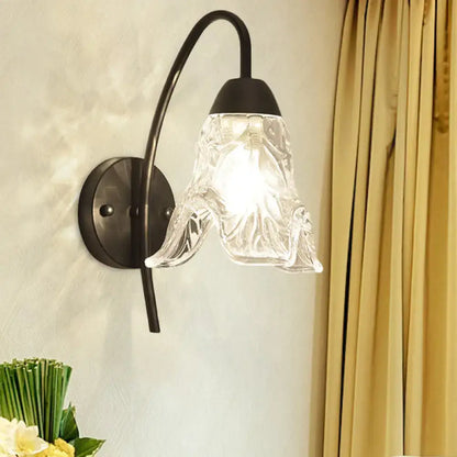 Black Crystal Drum Shape Wall Sconce with curved metal arm and clear glass shade Decorbites on Tampa Home & Garden Store