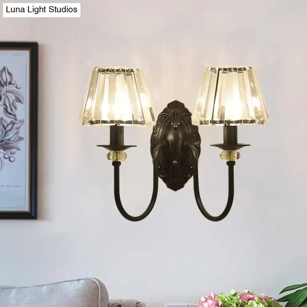 Black crystal drum shape wall sconce by Decorbites, dual-arm with two crystal drum shades on Tampa Home & Garden Store