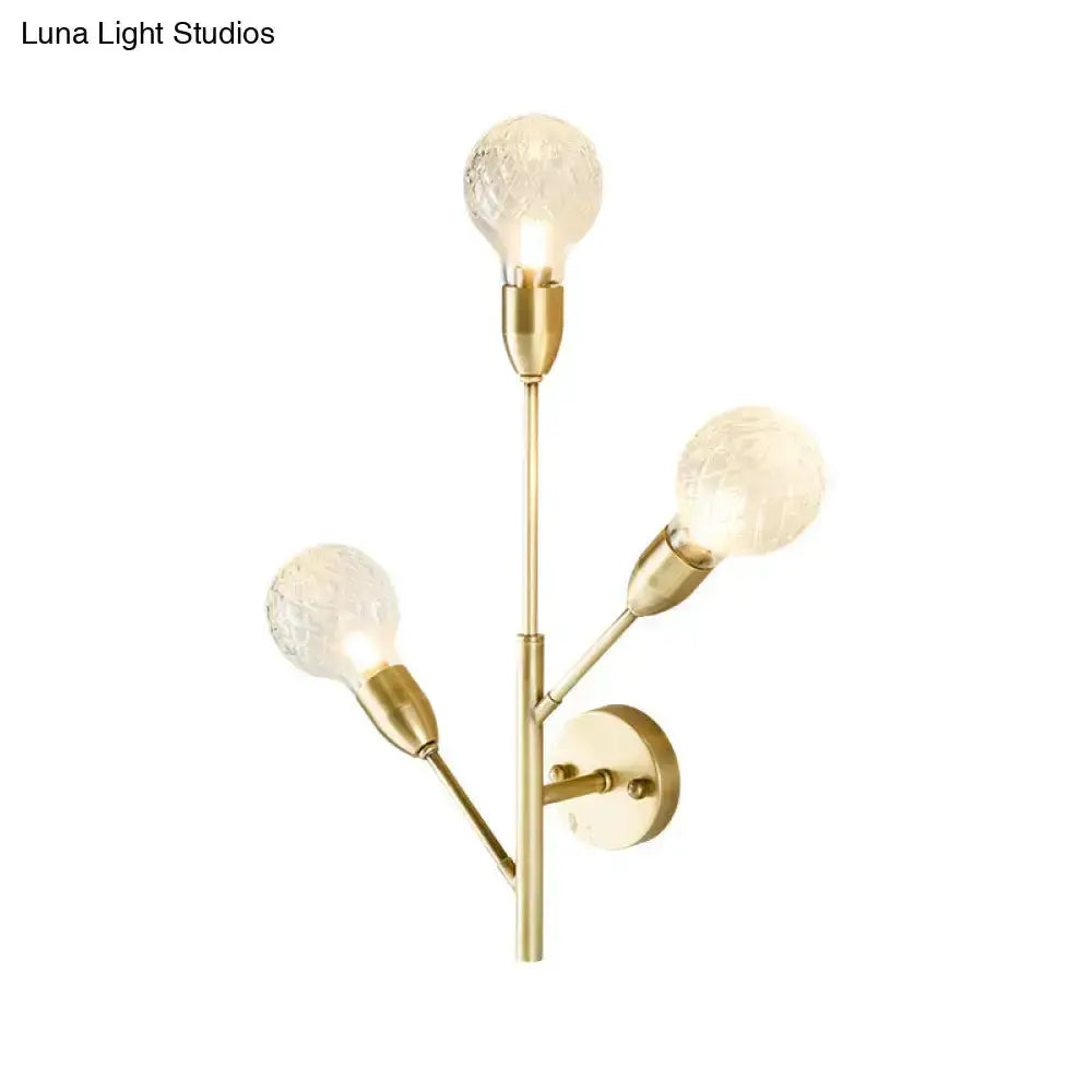 Post-modern brass wall light fixture, 3-arm with clear lattice glass bulbs by Decorbites for bedroom on Tampa Home & Garden Store