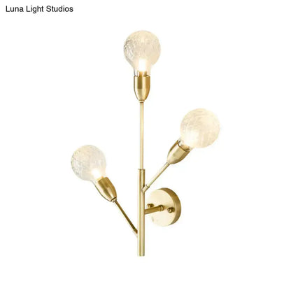 Post-modern brass wall light fixture, 3-arm with clear lattice glass bulbs by Decorbites for bedroom on Tampa Home & Garden Store