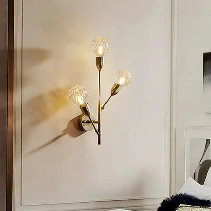 Post-modern brass wall light fixture with three clear lattice glass bulbs on Tampa Home & Garden Store