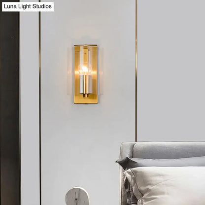 Brass Clear Glass Sconce with gold finish and exposed bulb on wall on Tampa Home & Garden Store