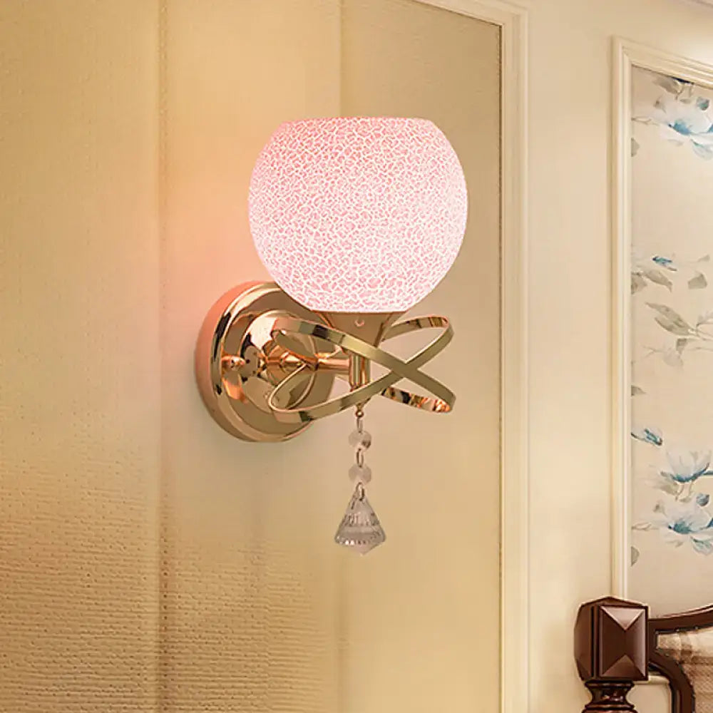 Gold Pink Glass Wall Lamp with textured pink globe and crystal pendant on Tampa Home & Garden Store