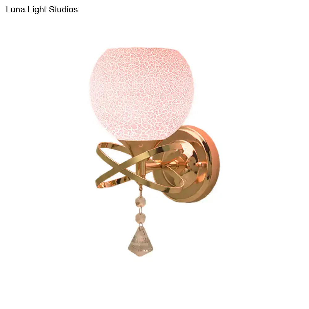 Gold Pink Glass Wall Lamp by Decorbites with crackle pink shade and hanging crystal pendant on Tampa Home & Garden Store