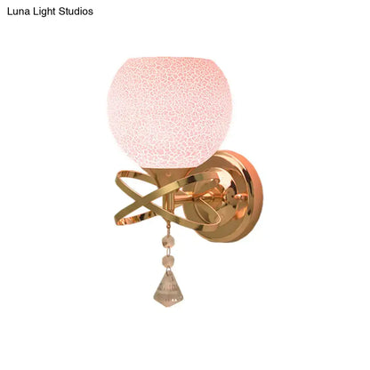 Gold Pink Glass Wall Lamp by Decorbites with crackle pink shade and hanging crystal pendant on Tampa Home & Garden Store