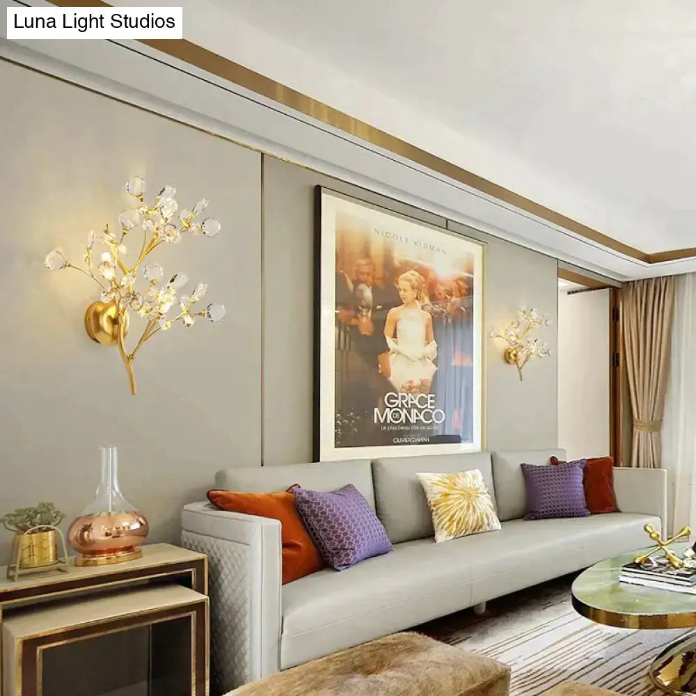 Gold Crystal Branch Sconce pair wall lamps by Decorbites with crystal branches on living room wall on Tampa Home & Garden Store