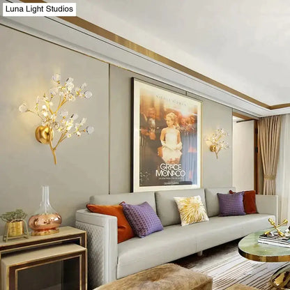 Gold Crystal Branch Sconce pair wall lamps by Decorbites with crystal branches on living room wall on Tampa Home & Garden Store