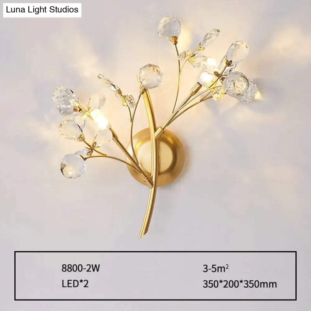 Gold crystal branch wall lamp sconce by Decorbites with two LED lights and crystal drops on Tampa Home & Garden Store