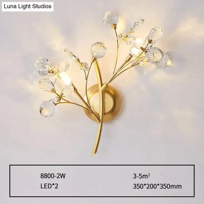 Gold crystal branch wall lamp sconce by Decorbites with two LED lights and crystal drops on Tampa Home & Garden Store