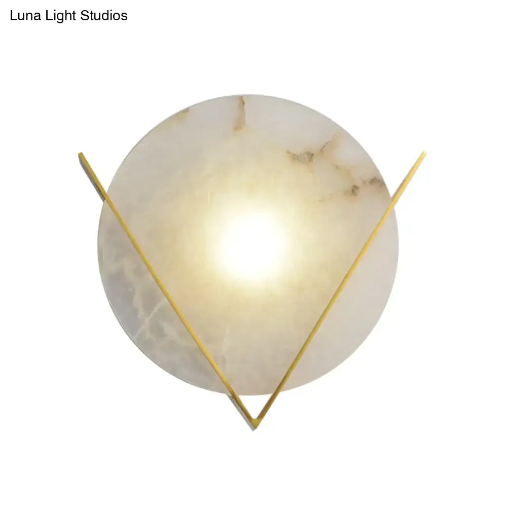 White Marble Wall Sconce by Decorbites, round marble disc with gold V-shaped accents on Tampa Home & Garden Store