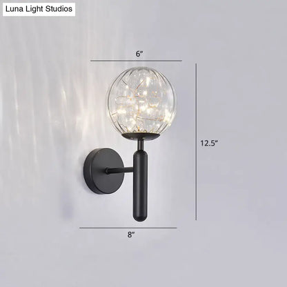 Black glass wall sconce with crackle globe on cylindrical arm, 6in globe, 12.5in tall Decorbites on Tampa Home & Garden Store