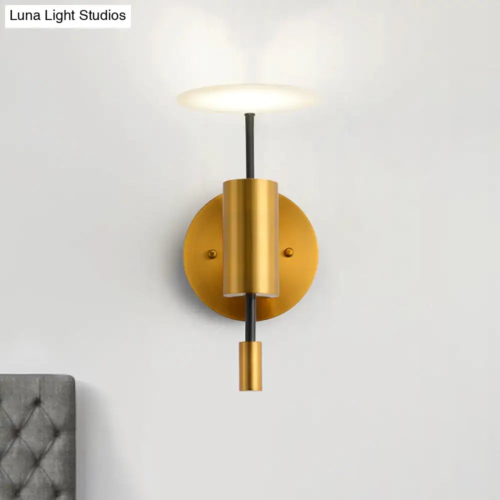 Brass Tube Disk Top Wall Light wall sconce with round backplate and vertical tube on Tampa Home & Garden Store