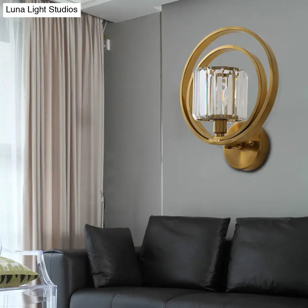 Brass crystal drum sconce wall light with circular ring design Decorbites on Tampa Home & Garden Store