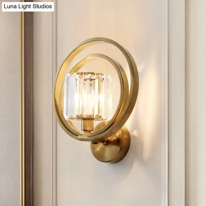 Brass Crystal Drum Sconce with double ring and crystal shade, Decorbites gold wall light on Tampa Home & Garden Store