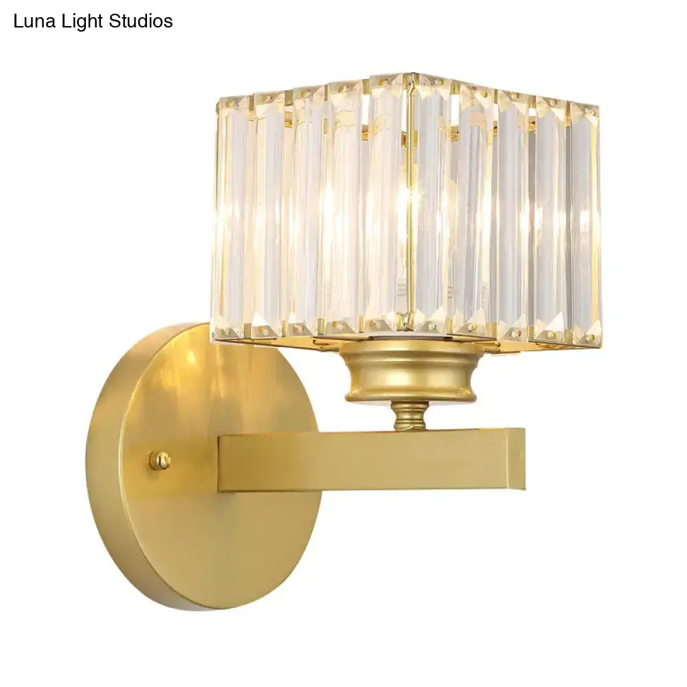 Brass crystal block wall sconce with multi-bulb shade on Tampa Home & Garden Store