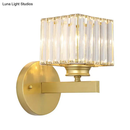 Brass crystal block wall sconce with multi-bulb shade on Tampa Home & Garden Store