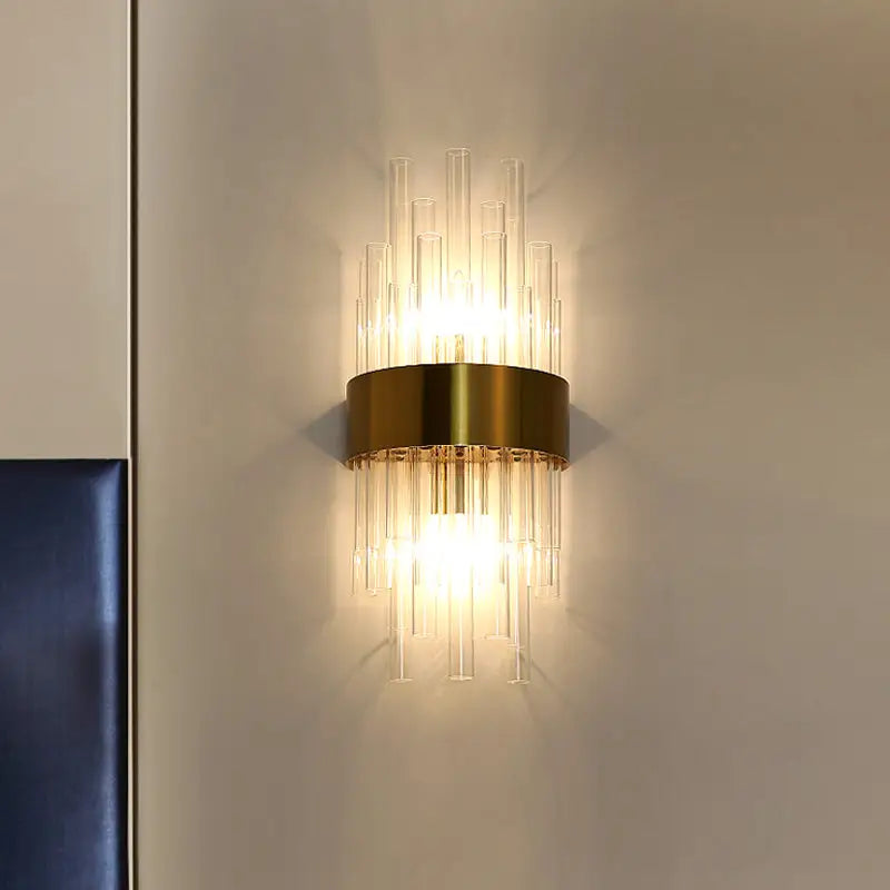 Brass Gray Cylinder Light Fluted Two-Light wall sconce with crystal glass tubes Decorbites on Tampa Home & Garden Store