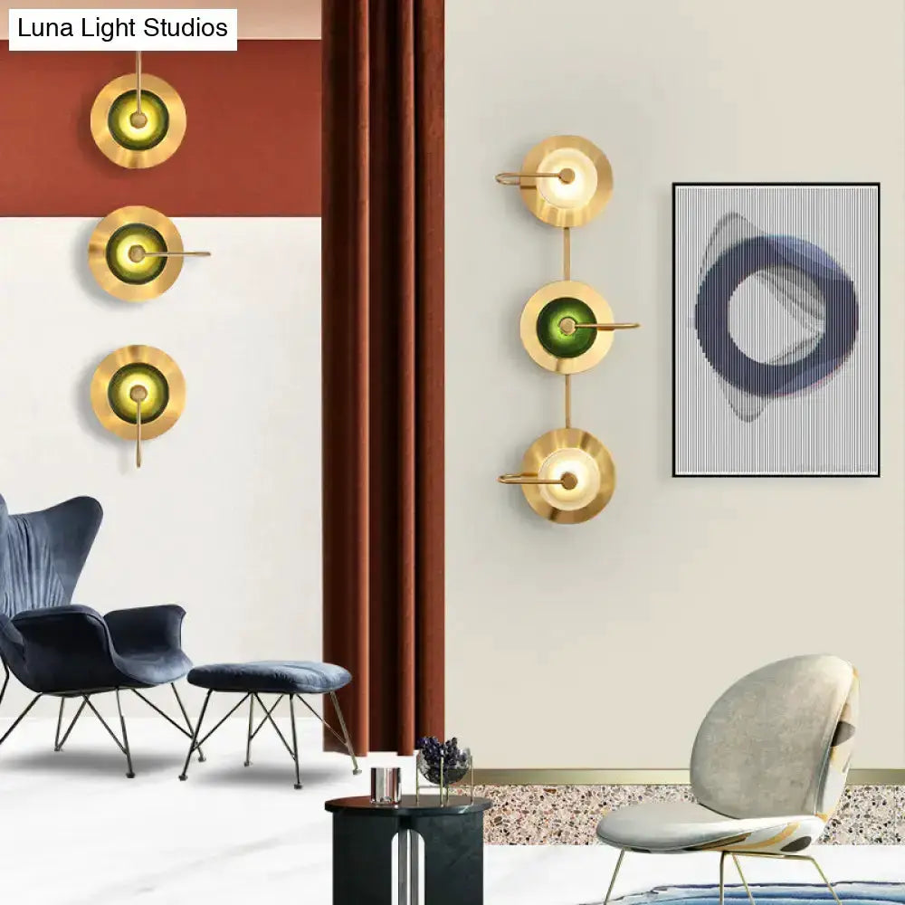 Postmodern Gold and Olive Glass Disc Wall Sconce