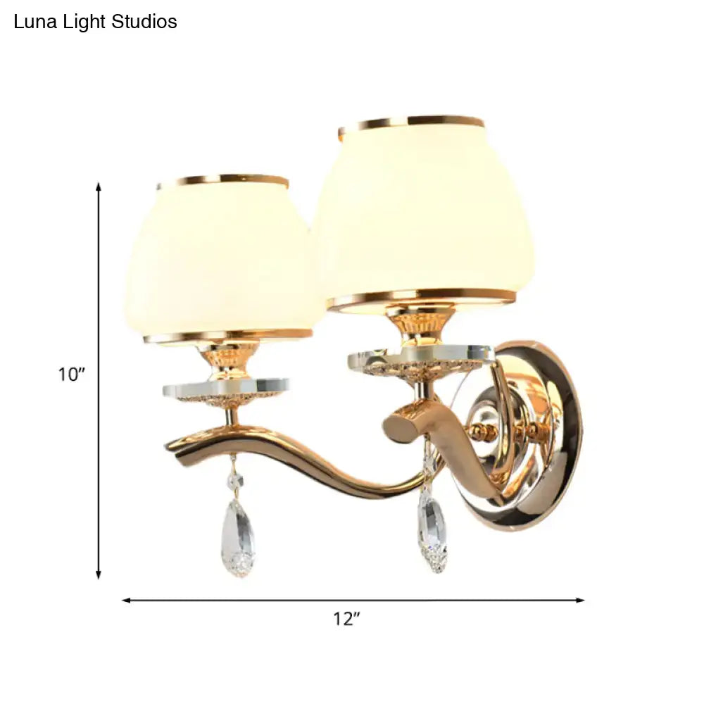 Gold white crystal drop wall sconce with twin cream shades, brass finish Decorbites on Tampa Home & Garden Store