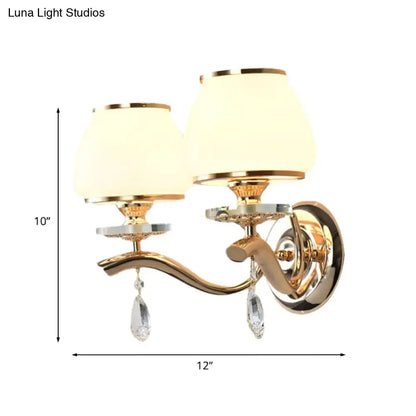 Gold white crystal drop wall sconce with twin cream shades, brass finish Decorbites on Tampa Home & Garden Store