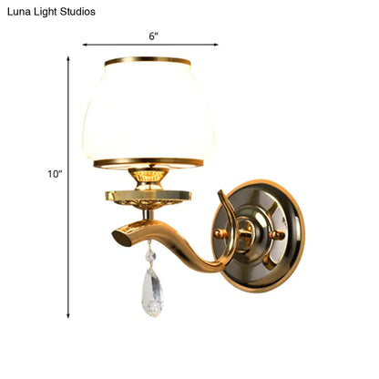 Gold White Crystal Drop Wall Sconce with brass arm and frosted glass shade by Decorbites on Tampa Home & Garden Store