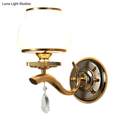 Gold white crystal drop wall sconce with white glass shade and crystal pendant by Decorbites on Tampa Home & Garden Store