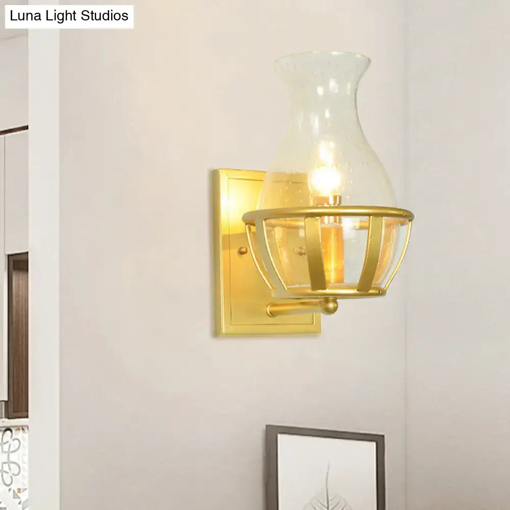 Gold Clear Glass Wall Lamp by Decorbites; brass wall mount with open cage shade on Tampa Home & Garden Store
