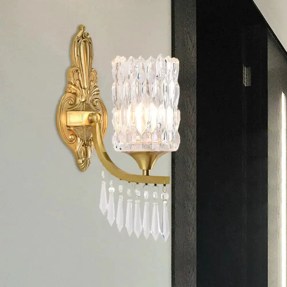 Postmodern gold column crystal wall lamp with ornate backplate and crystal shade on Tampa Home & Garden Store
